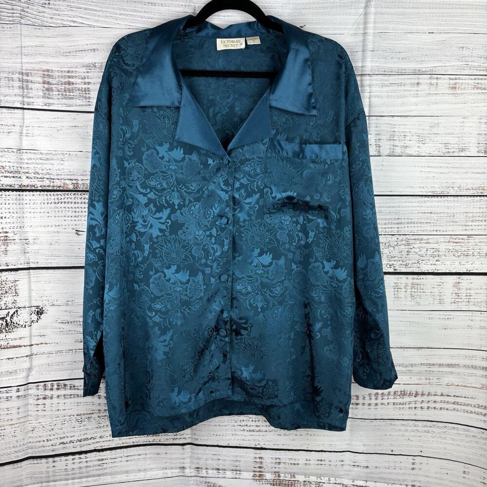 Vintage Victoria Secret Gold‎ Label Jewel Teal Blue Paisley Sleeve Shirt Sz S